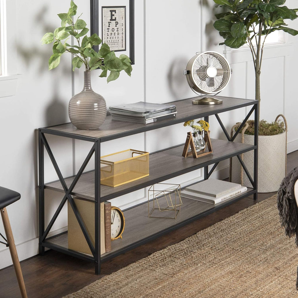 2 Tier Wood Metal Bookcase, 40 Inch, Dark Walnut E511857