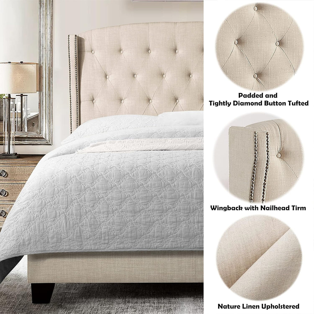 Beige Upholstered Platform Bed Frame with Wingback Headboard T275