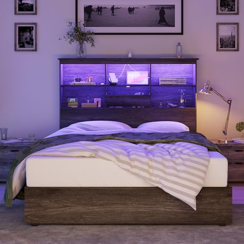 King Size Wooden Platform Bed with Storage Headboard and 4 Drawers M97082