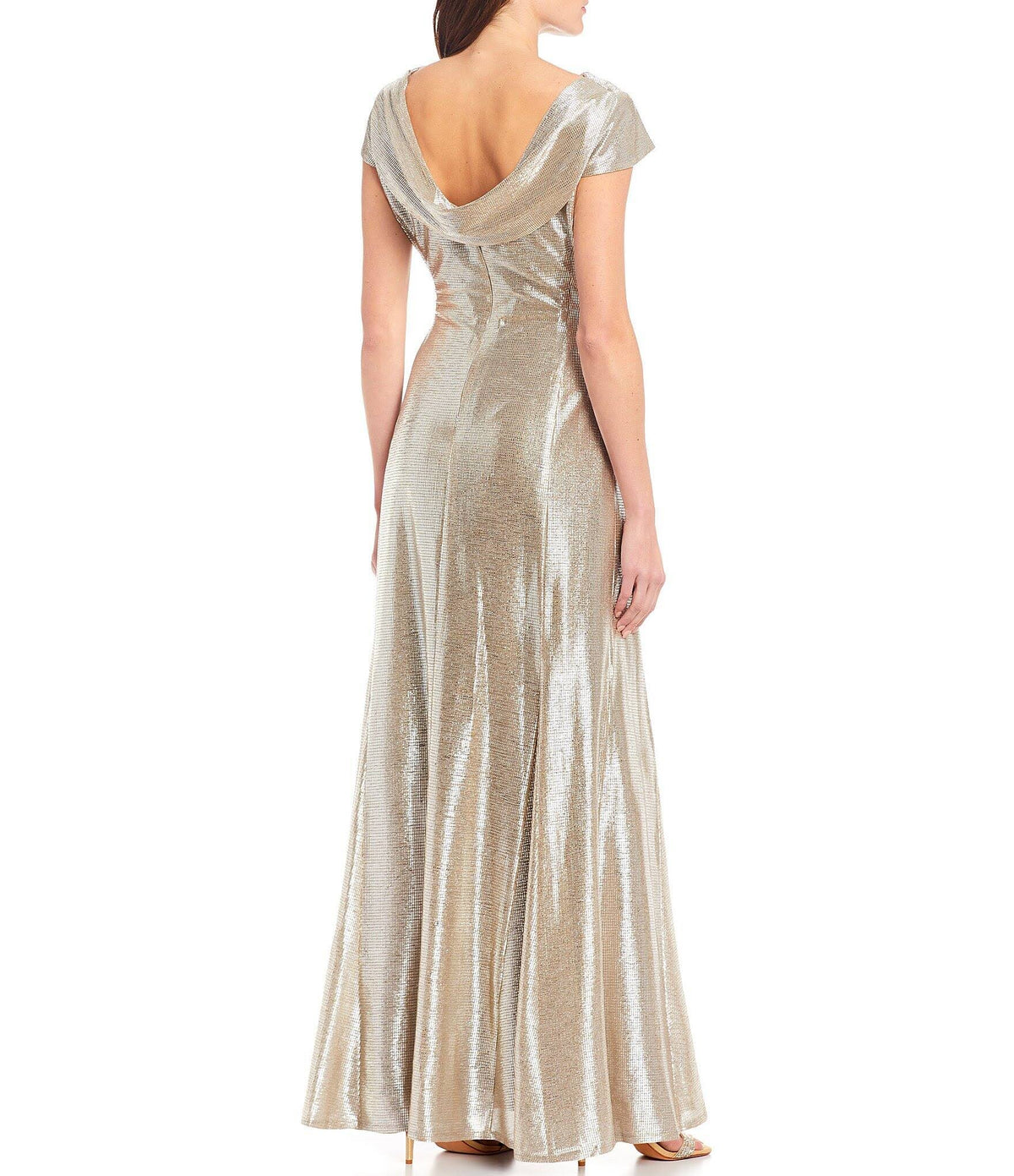 Long Cap-Sleeve Metallic Knit Gown K1663