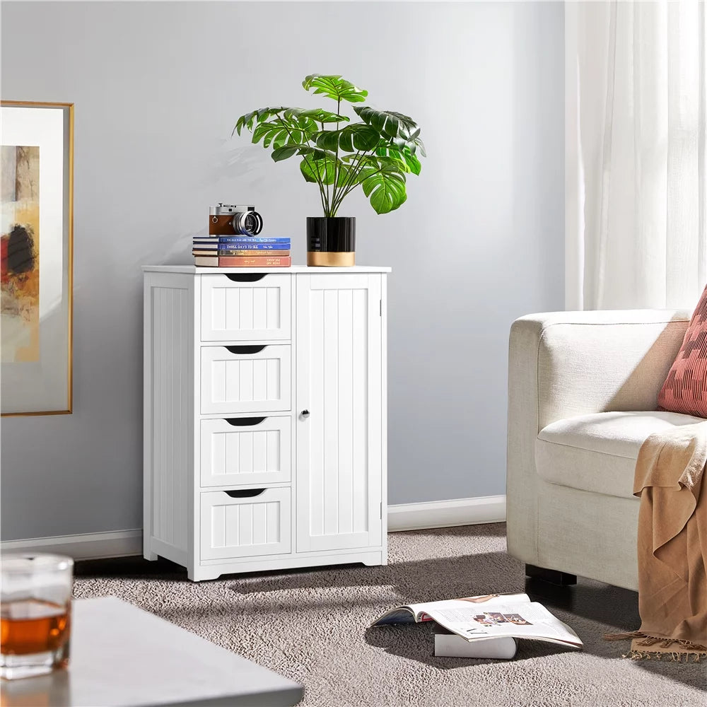 White Wooden Bathroom Floor Cabinet with Drawers and Cupboard J1903