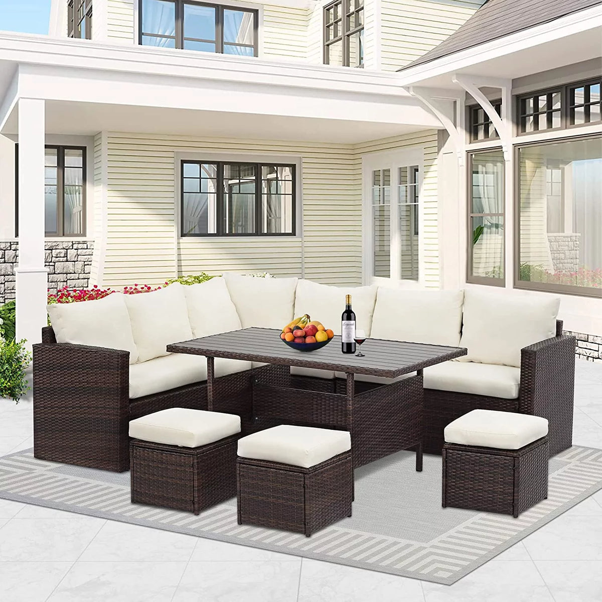 7 Pcs Beige PE Wicker Sectional Sofa Set with Dining Table Z949