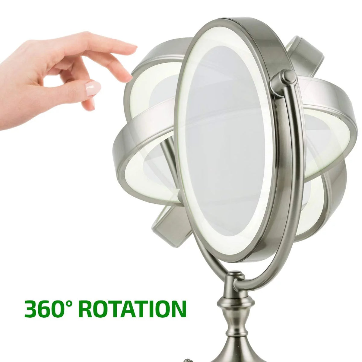 Lighted Makeup Mirror 9.5 Inch 1X 5X Magnifier Dimmable 360 Degree Double Sided LED Acrylic Edge Battery USB Powered Vanity U167052