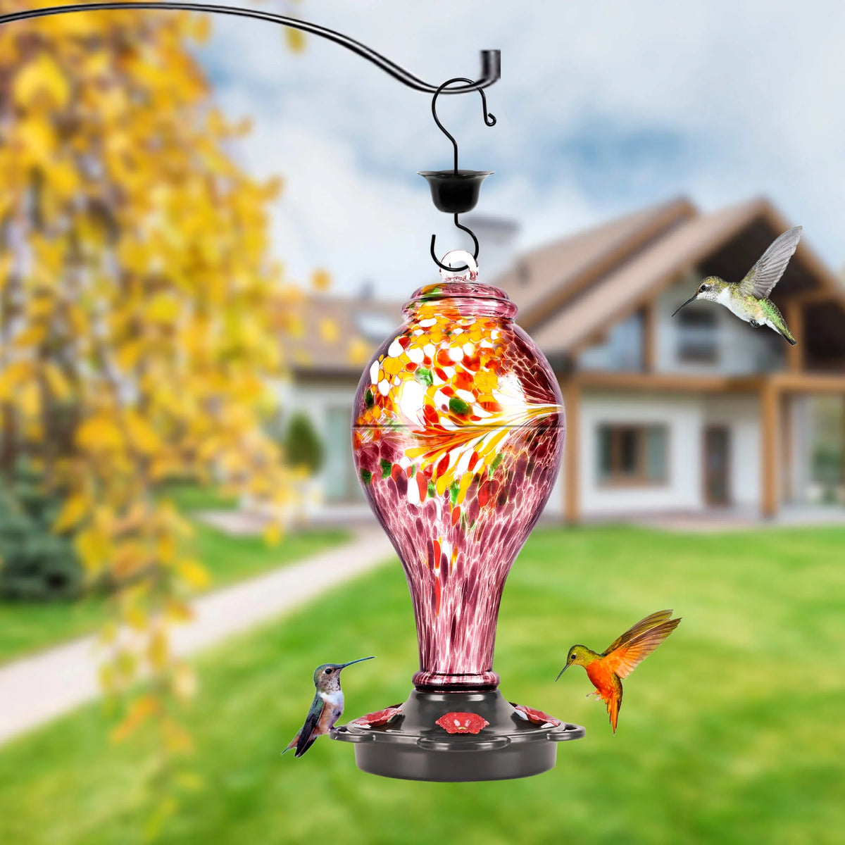 Hand Blown Glass Hummingbird Feeder with Ant Guard, 36 fl.oz, 5 Feeding Ports H716