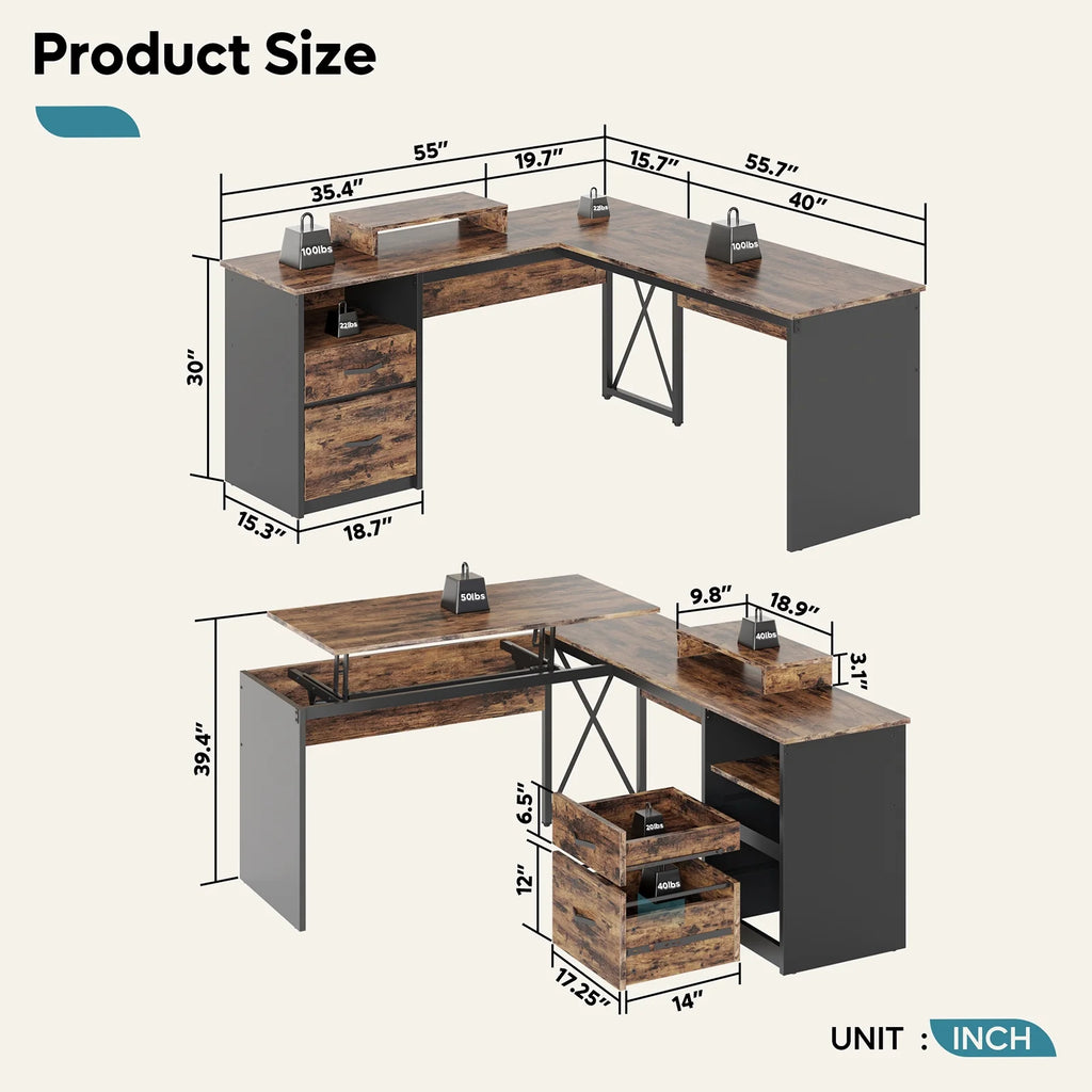 55 inch L-Shaped Lift Top Computer Desk with Storage B4391