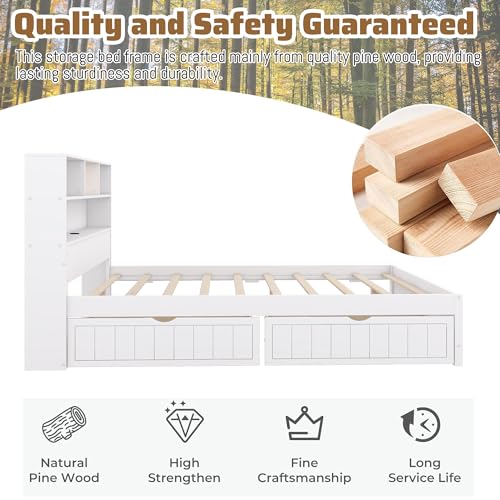 White Twin Size Platform Bed with Bookcase Headboard and 2 Storage Drawers Q7507