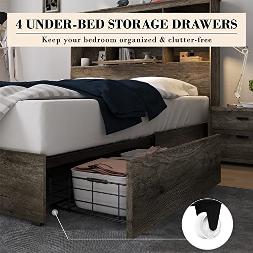 King Size Wooden Platform Bed with Storage Headboard and 4 Drawers M97082