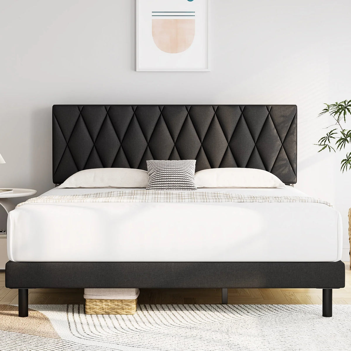 Queen Size Platform Bed with Upholstered Headboard Y873