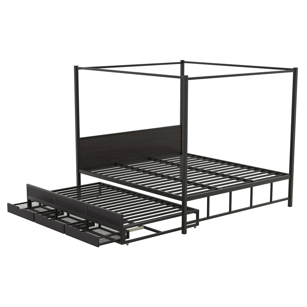 Queen Size Black Metal Canopy Platform Bed with Trundle and 3 Storage Drawers T43864