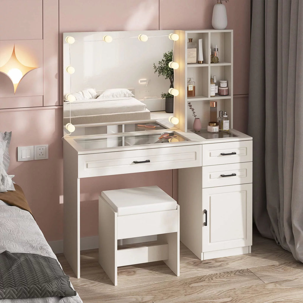 White 45in Vanity Desk Set with Lighted Mirror and Glass Desktop V9441