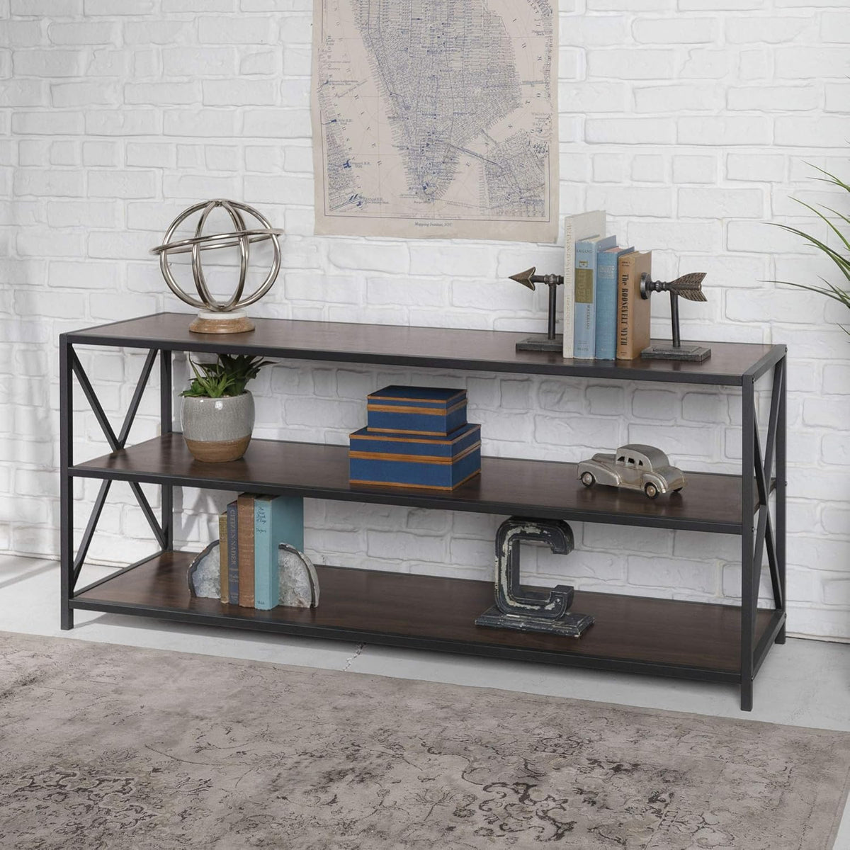 2 Tier Wood Metal Bookcase, 40 Inch, Dark Walnut E511857