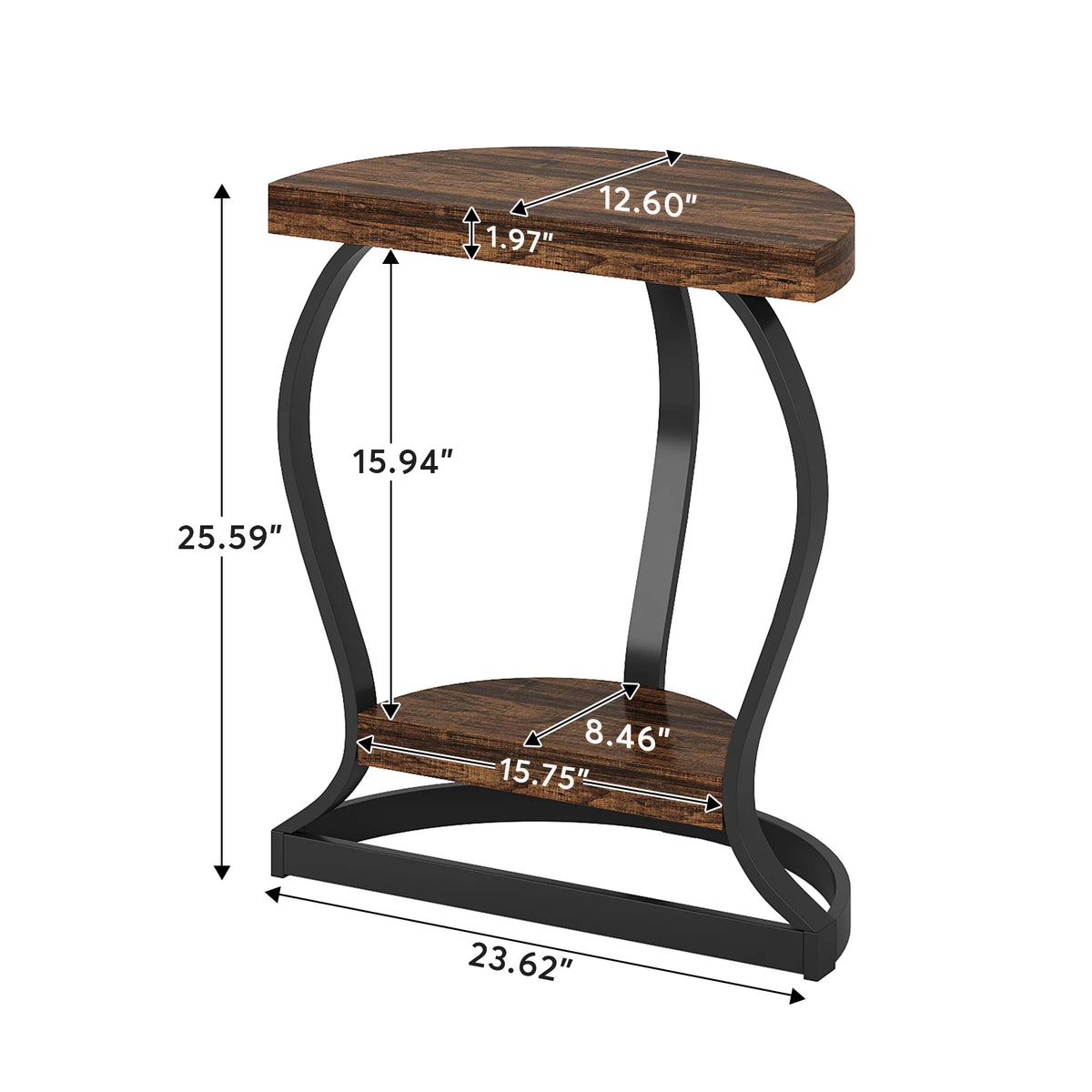 Half-Round 2-Tier Wooden Side Table with Metal Frame T847