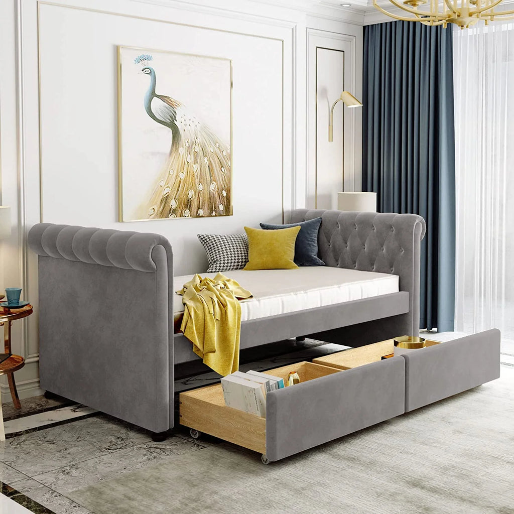 Gray Upholstered Daybed with Storage and 2 Drawers C3055