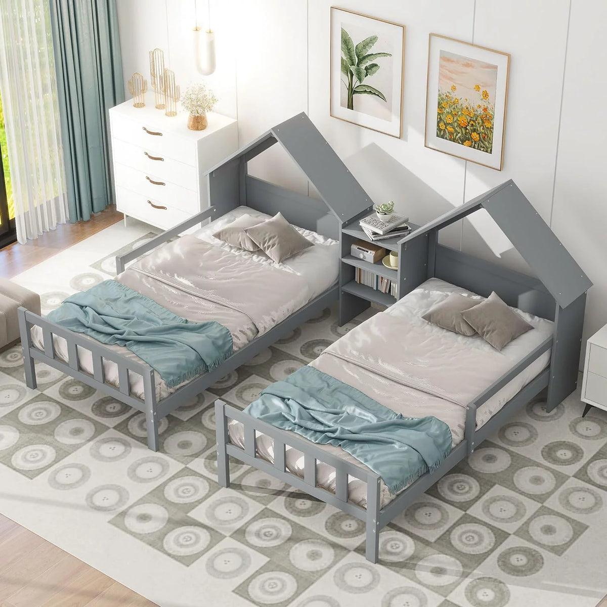 Double Size Platform Bed with House-Shaped Headboard and Built-In Nightstand, Grey H71530