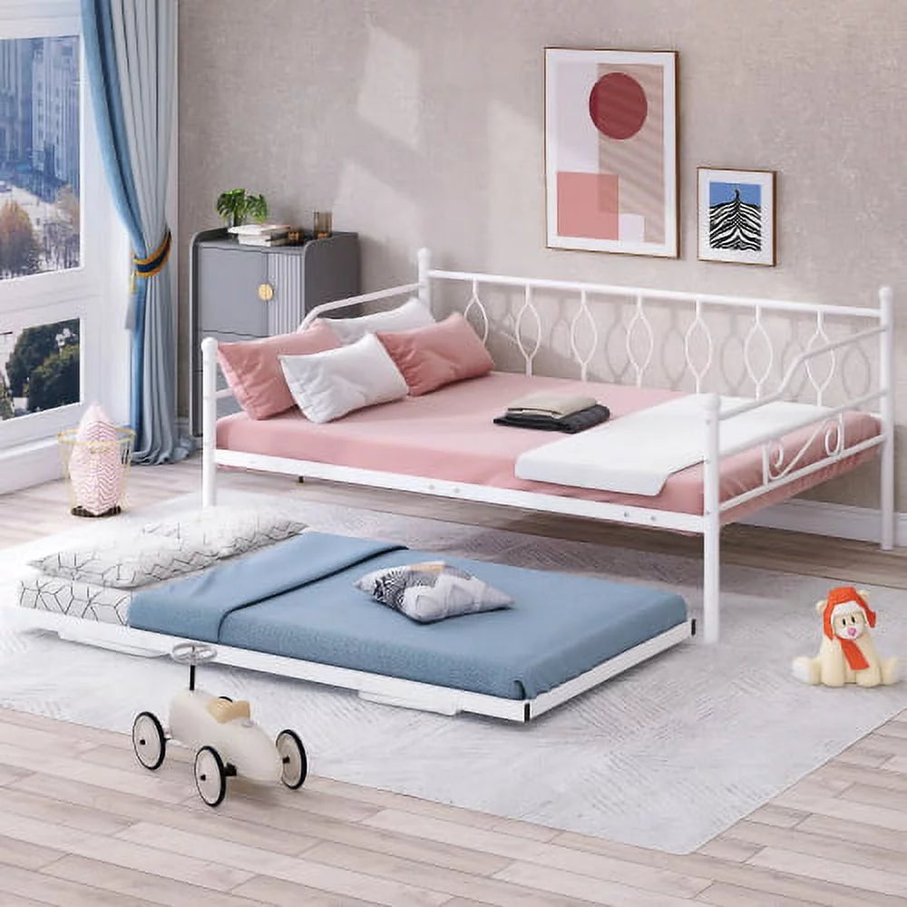 Full Size White Metal Daybed with Twin Size Adjustable Trundle S4434