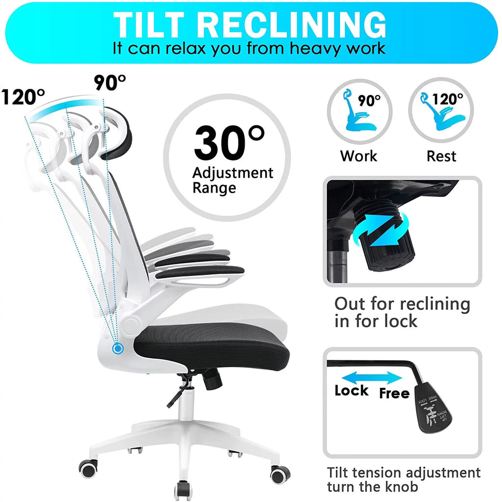White Ergonomic Office Chair with Headrest and Flip-up Arms Y11703
