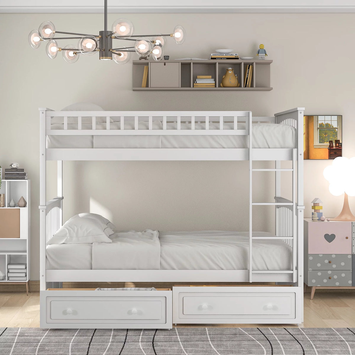 Pine Wood Full-Over-Full Bunk Bed with Storage H437
