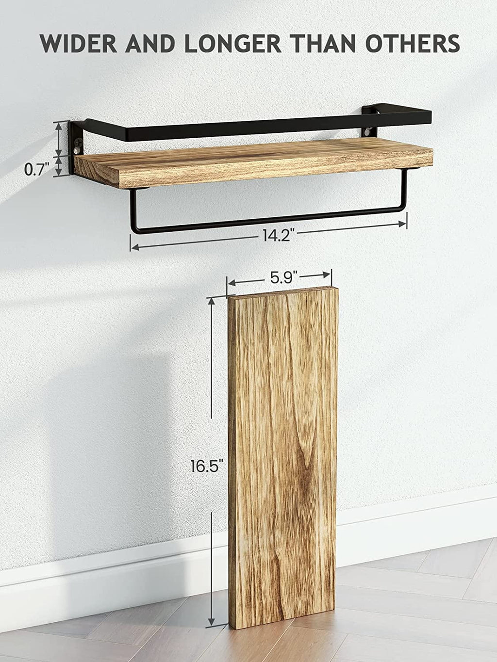 2 Pack Brown Wood Floating Shelves with Towel Bar U672