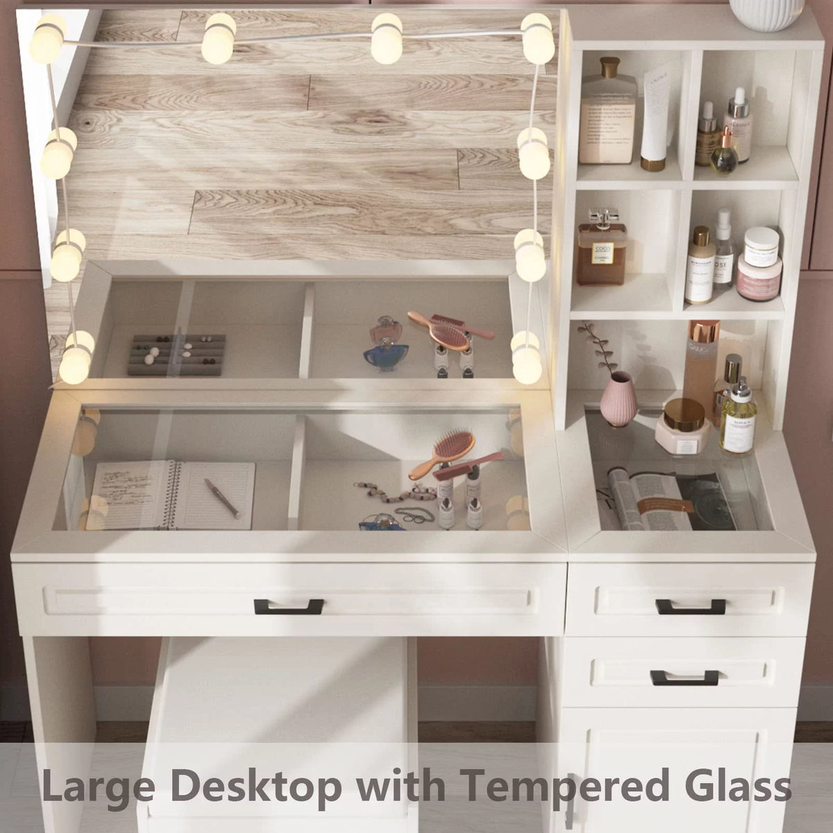 White 45in Vanity Desk Set with Lighted Mirror and Glass Desktop V9441