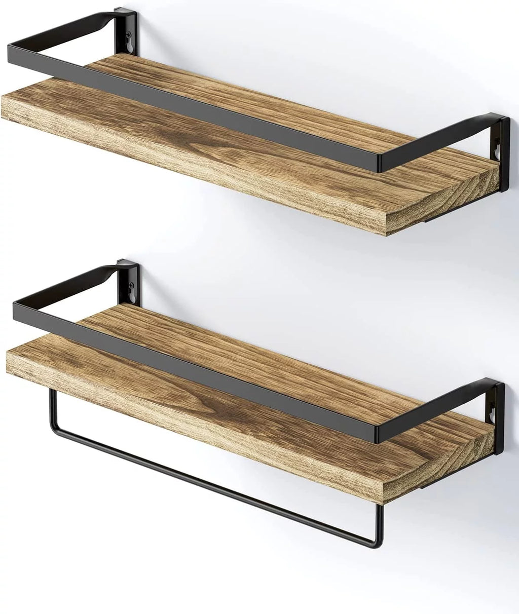 2 Pack Brown Wood Floating Shelves with Towel Bar U672