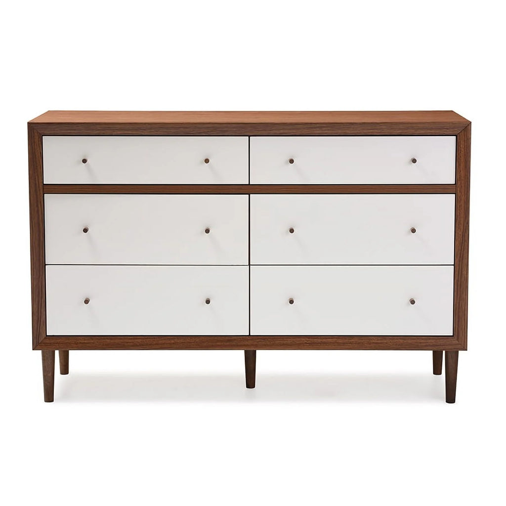 White and Walnut Wood 6-drawer Storage Dresser O2069