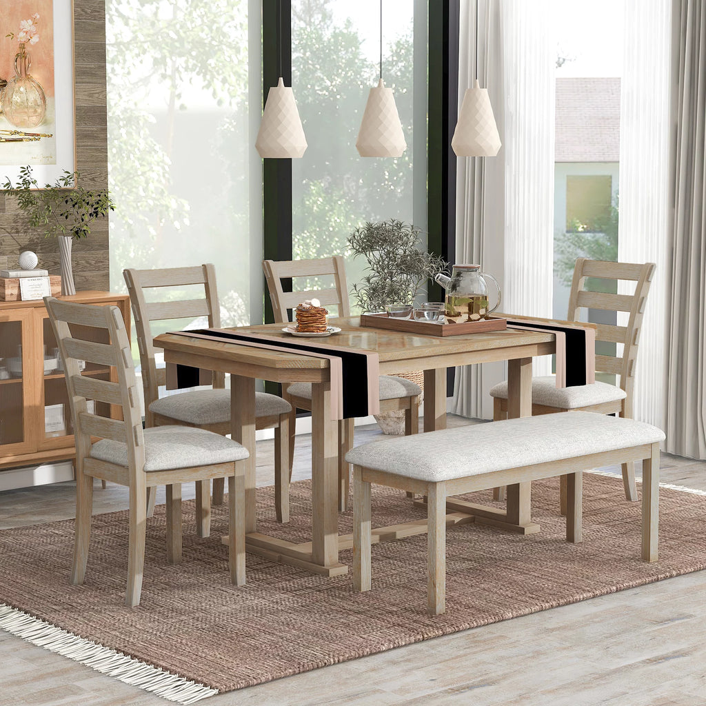 6 Piece Wood Dining Table Set with Bench and 4 Cushioned Chairs X23370