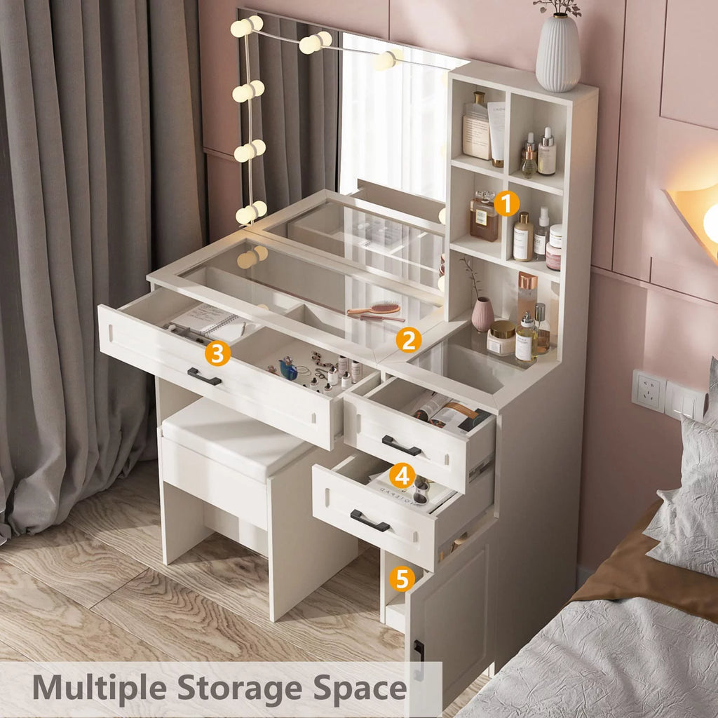 White 45in Vanity Desk Set with Lighted Mirror and Glass Desktop V9441