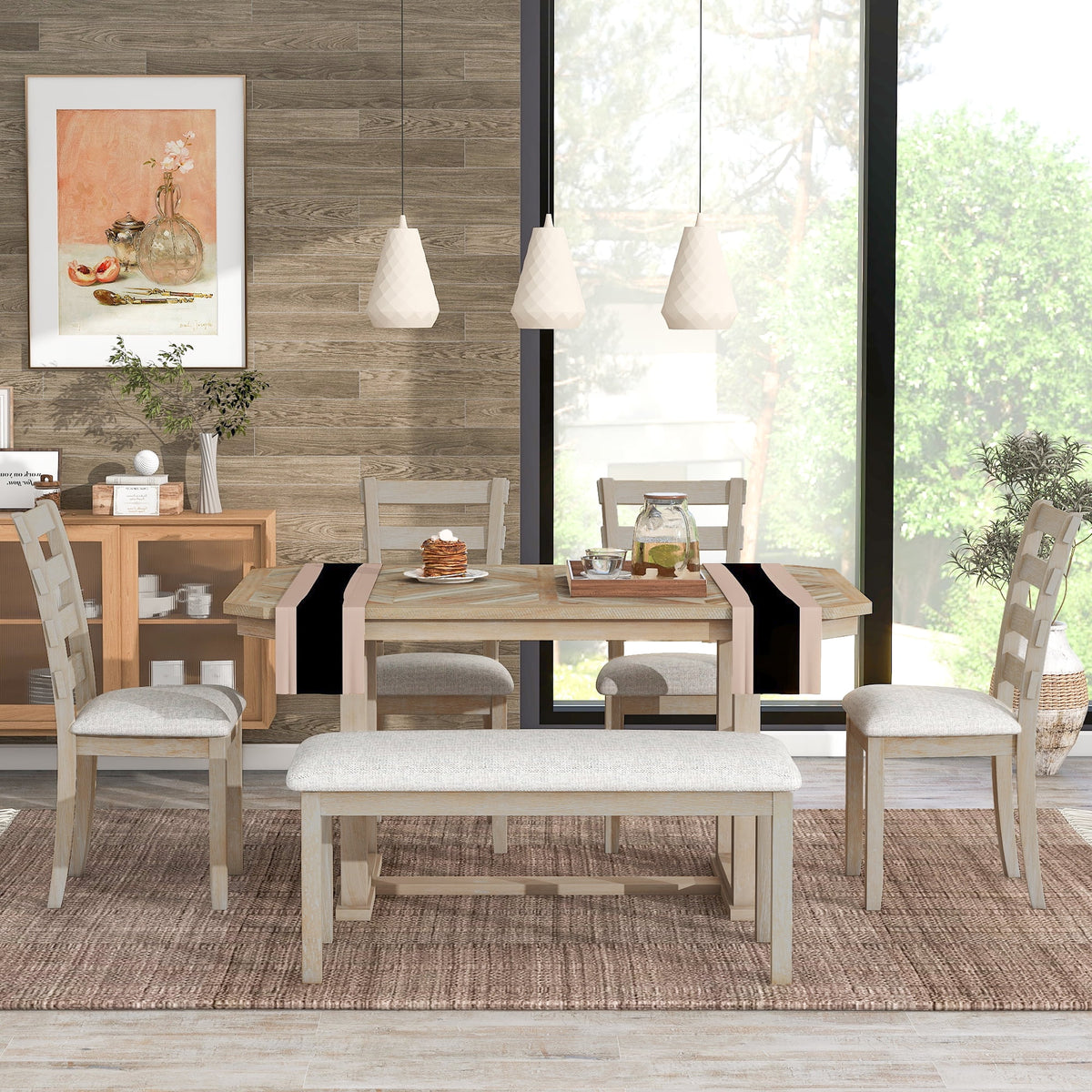 6 Piece Wood Dining Table Set with Bench and 4 Cushioned Chairs X23370