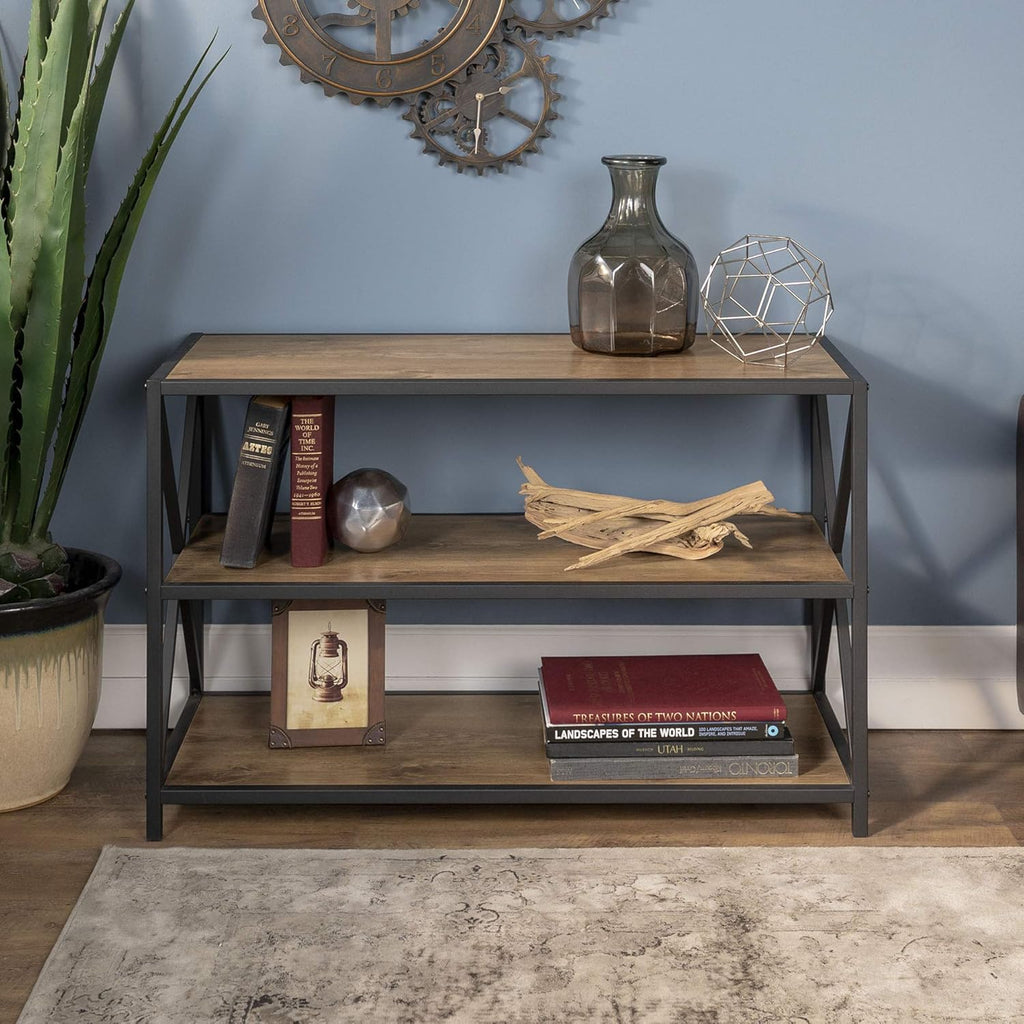 2 Tier Wood Metal Bookcase, 40 Inch, Dark Walnut E511857