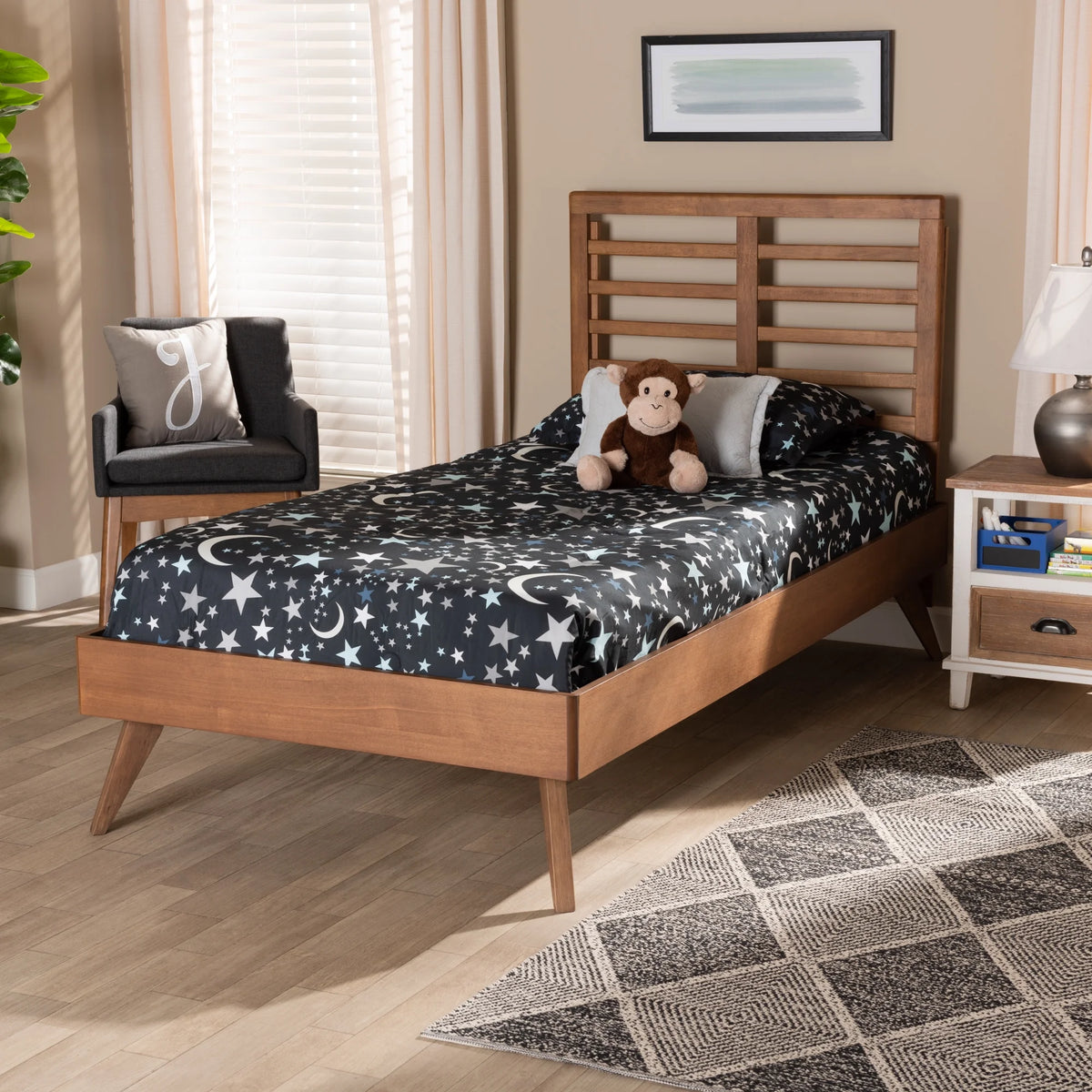 Walnut Brown Wood Twin Size Platform Bed O43029