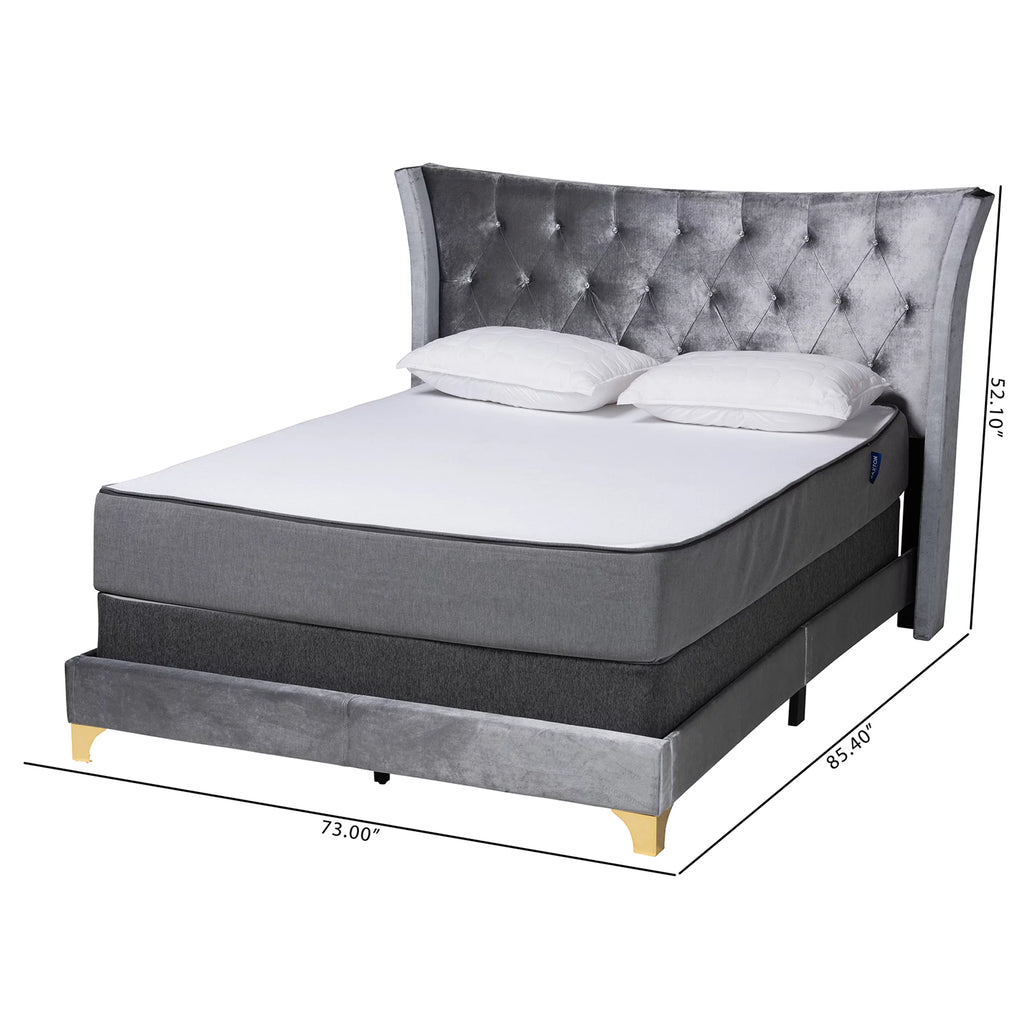 Grey Velvet and Gold Metal Queen Size Panel Bed Z693866