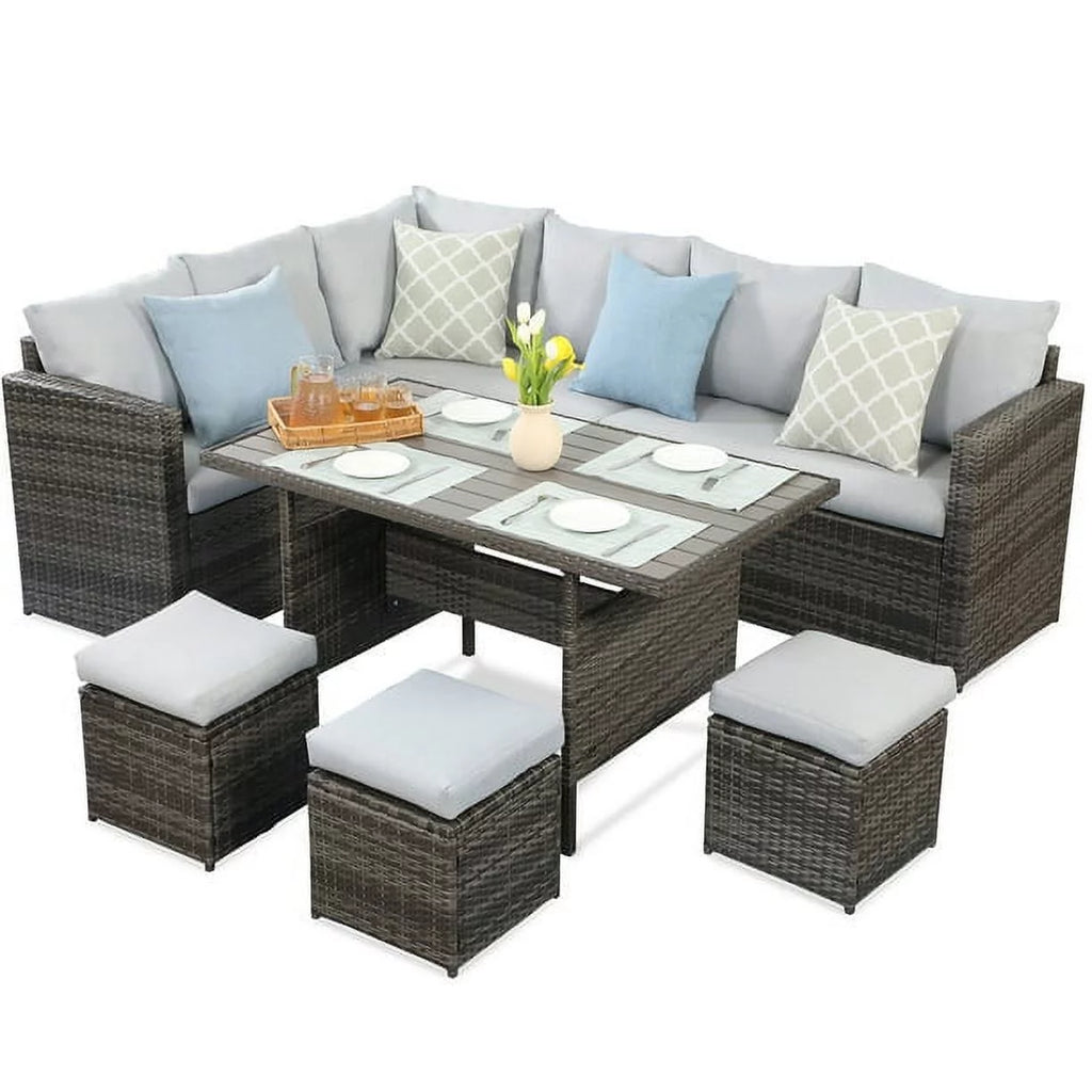 7 Pcs Beige PE Wicker Sectional Sofa Set with Dining Table Z949