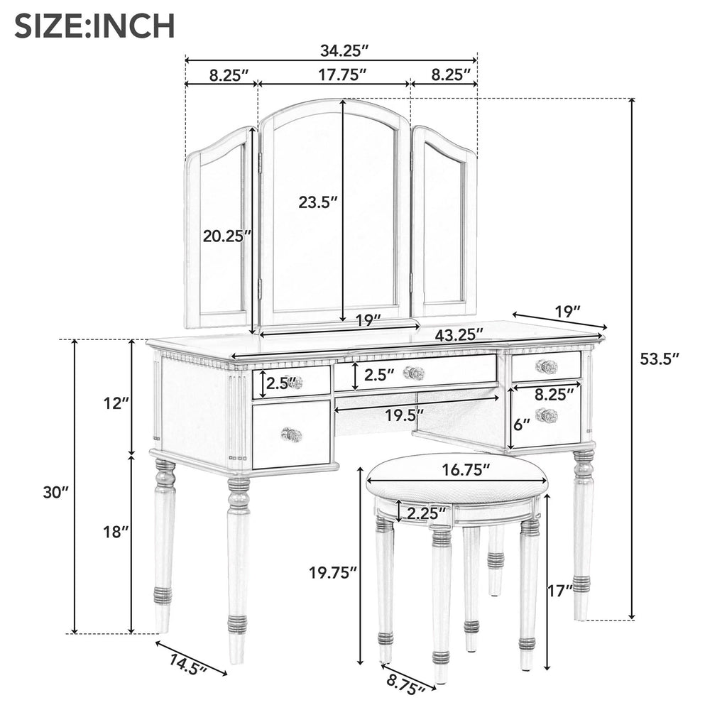 Pink Vanity Set with Tri-Fold Mirror and Stool N1093
