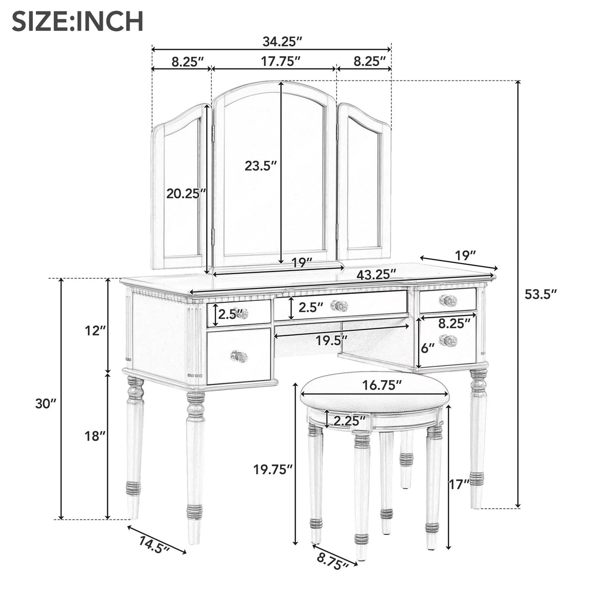 Pink Vanity Set with Tri-Fold Mirror and Stool N1093