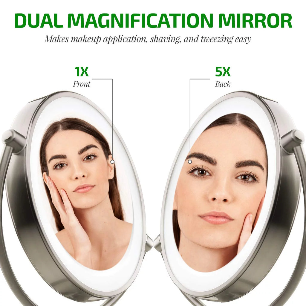 Lighted Makeup Mirror 9.5 Inch 1X 5X Magnifier Dimmable 360 Degree Double Sided LED Acrylic Edge Battery USB Powered Vanity U167052