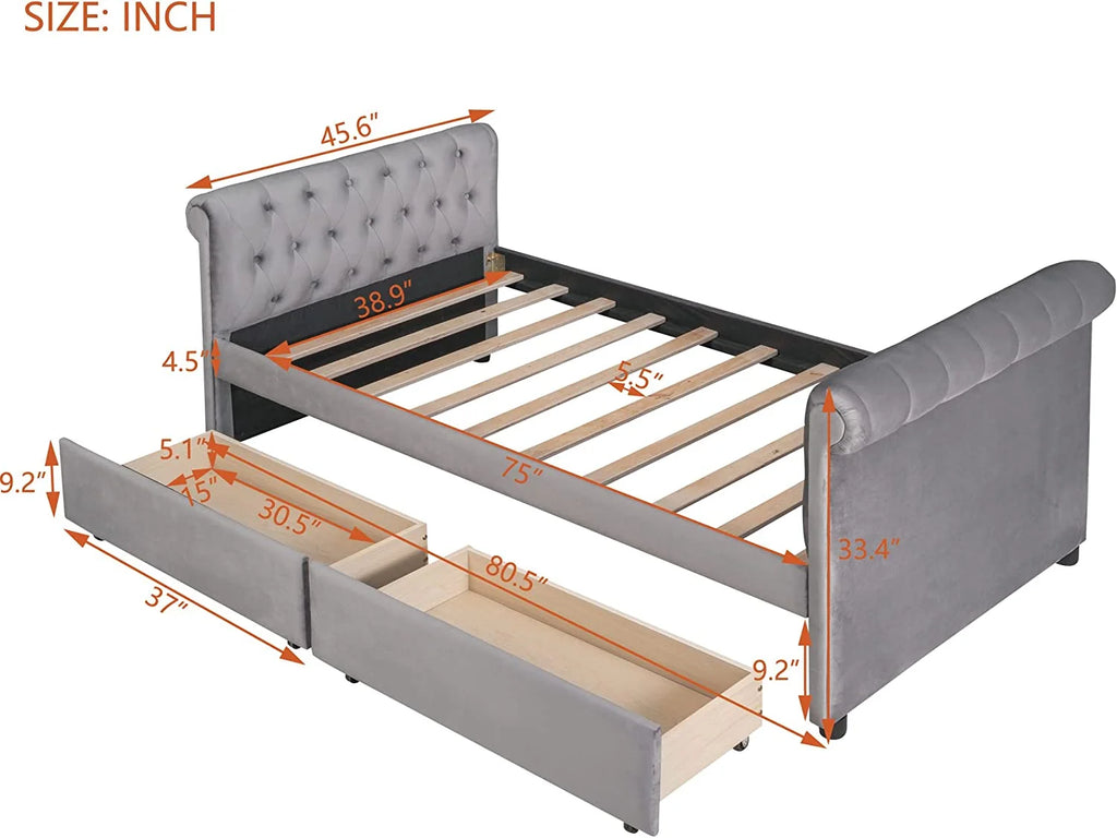 Gray Upholstered Daybed with Storage and 2 Drawers C3055