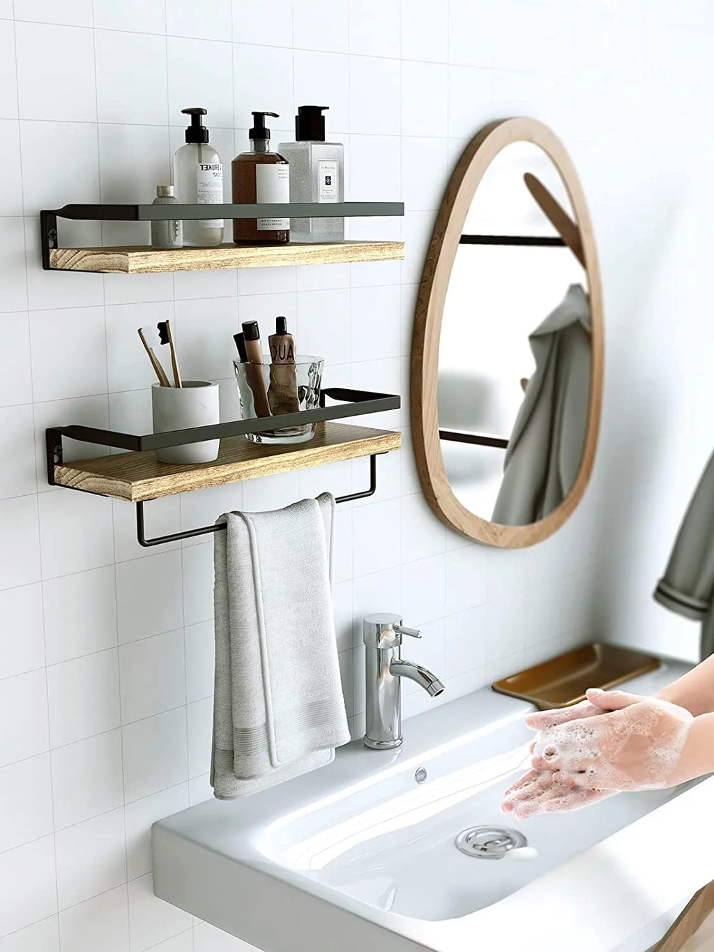 2 Pack Brown Wood Floating Shelves with Towel Bar U672