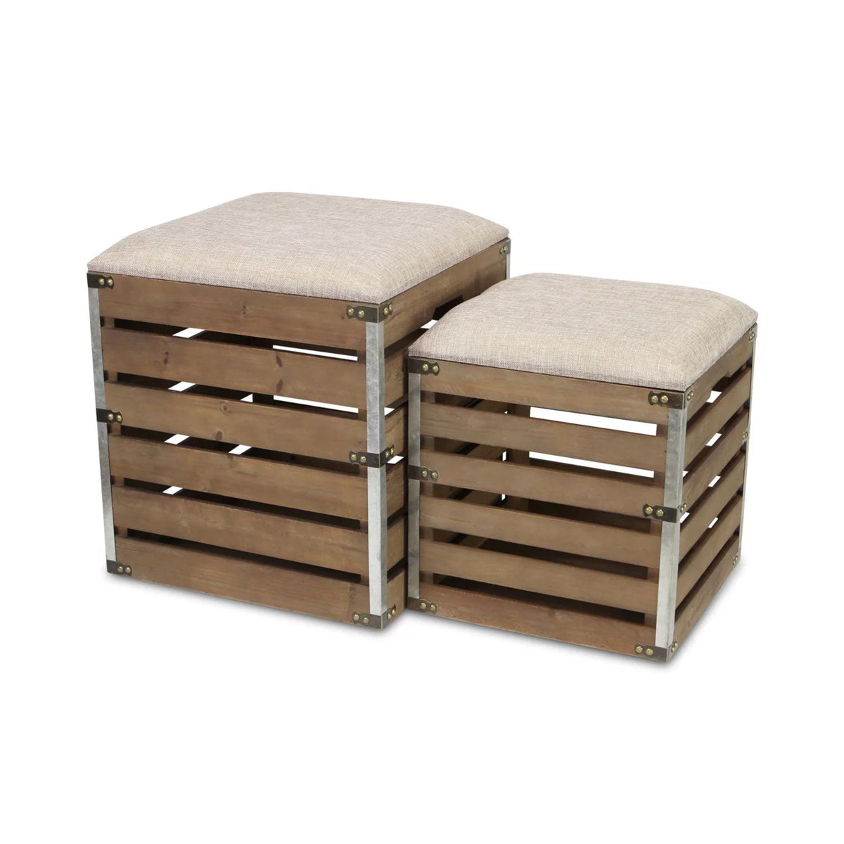 Wood Slat Storage Bench with Cushioned Lid Set Of 2 E58745