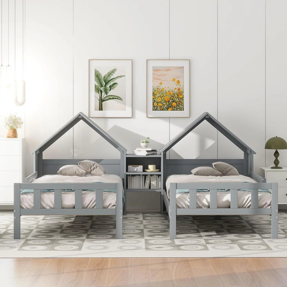 Double Size Platform Bed with House-Shaped Headboard and Built-In Nightstand, Grey H71530