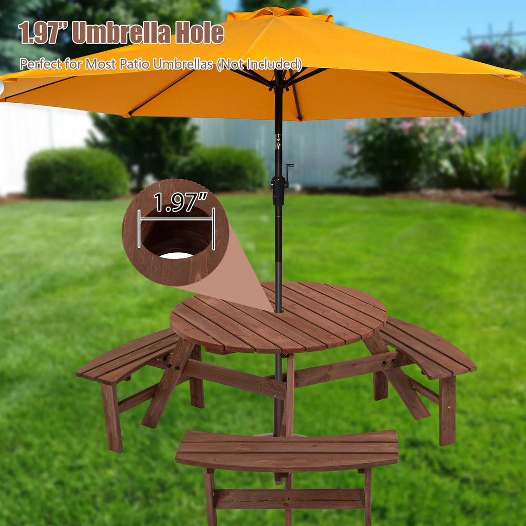 6-Person Circular Wooden Picnic Table with 3 Built-in Benches W282