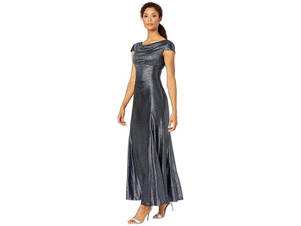 Long Cap-Sleeve Metallic Knit Gown K1663