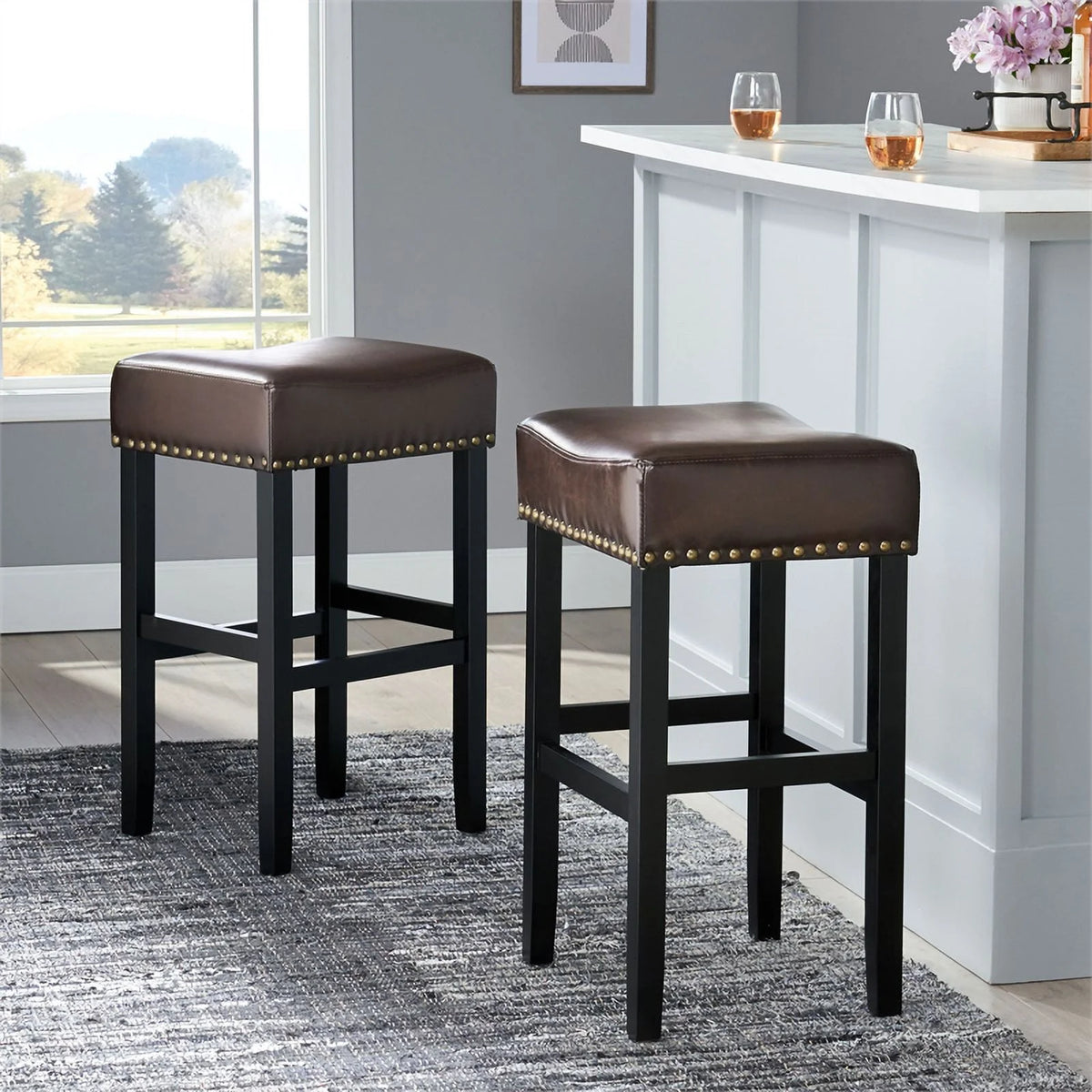 Brown Backless Leather Bar Stool Set of 2 A20914