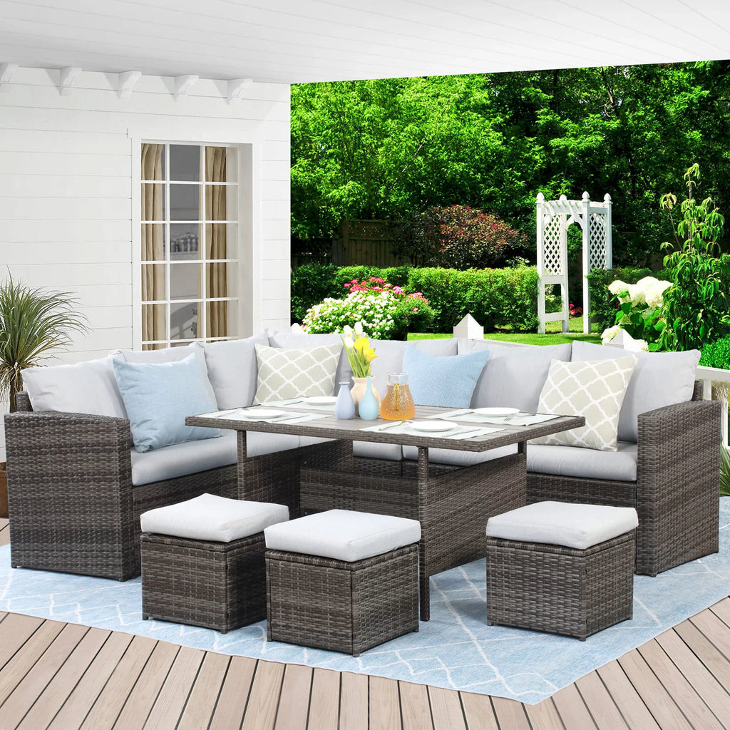 7 Pcs Beige PE Wicker Sectional Sofa Set with Dining Table Z949