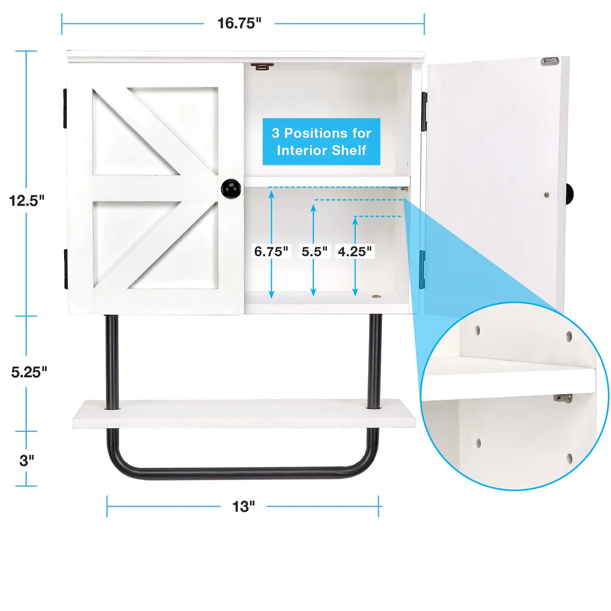 White Bathroom Wall Cabinet with Adjustable Shelf and Towel Bar D5310