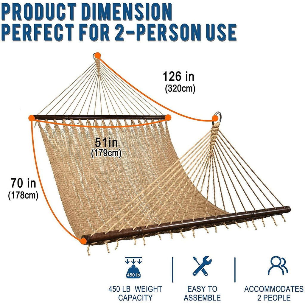 2-Person Hand Woven Polyester Rope Hammock with Spreader Bars Tan R12370