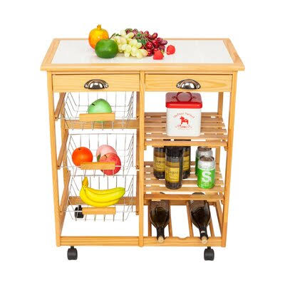 Oak White Kitchen Cart with Drawers and Basket W9462