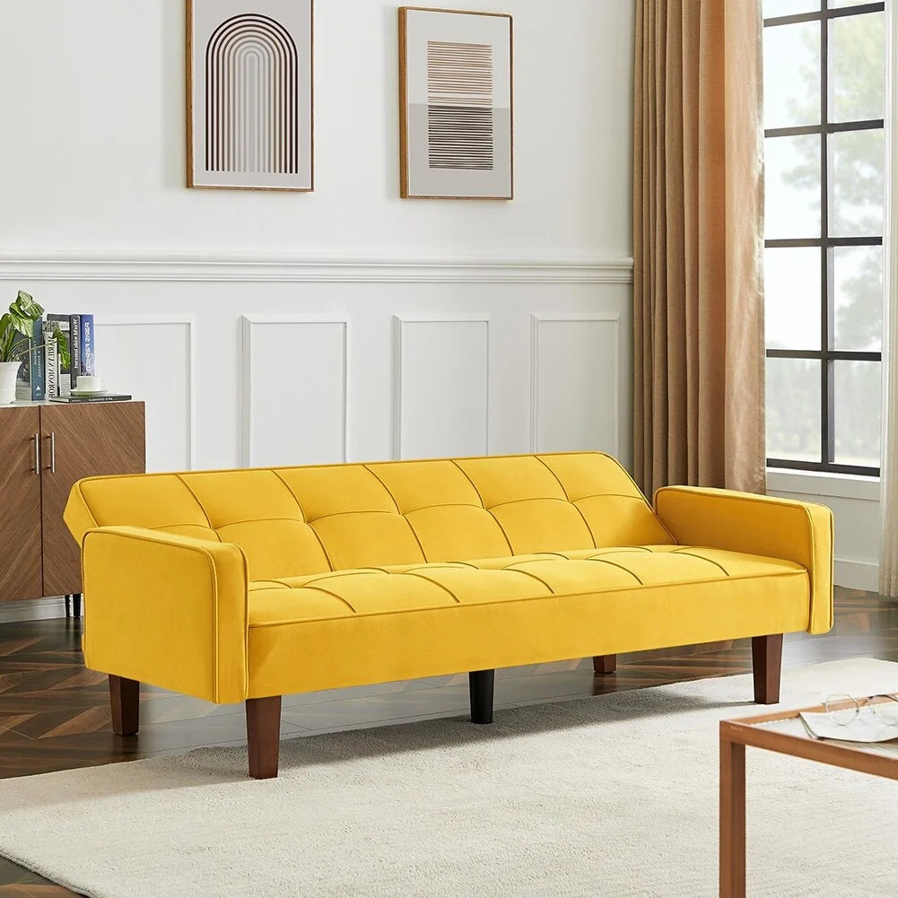 Yellow Linen Upholstered Sofa Bed with Solid Wood Feet Y32095