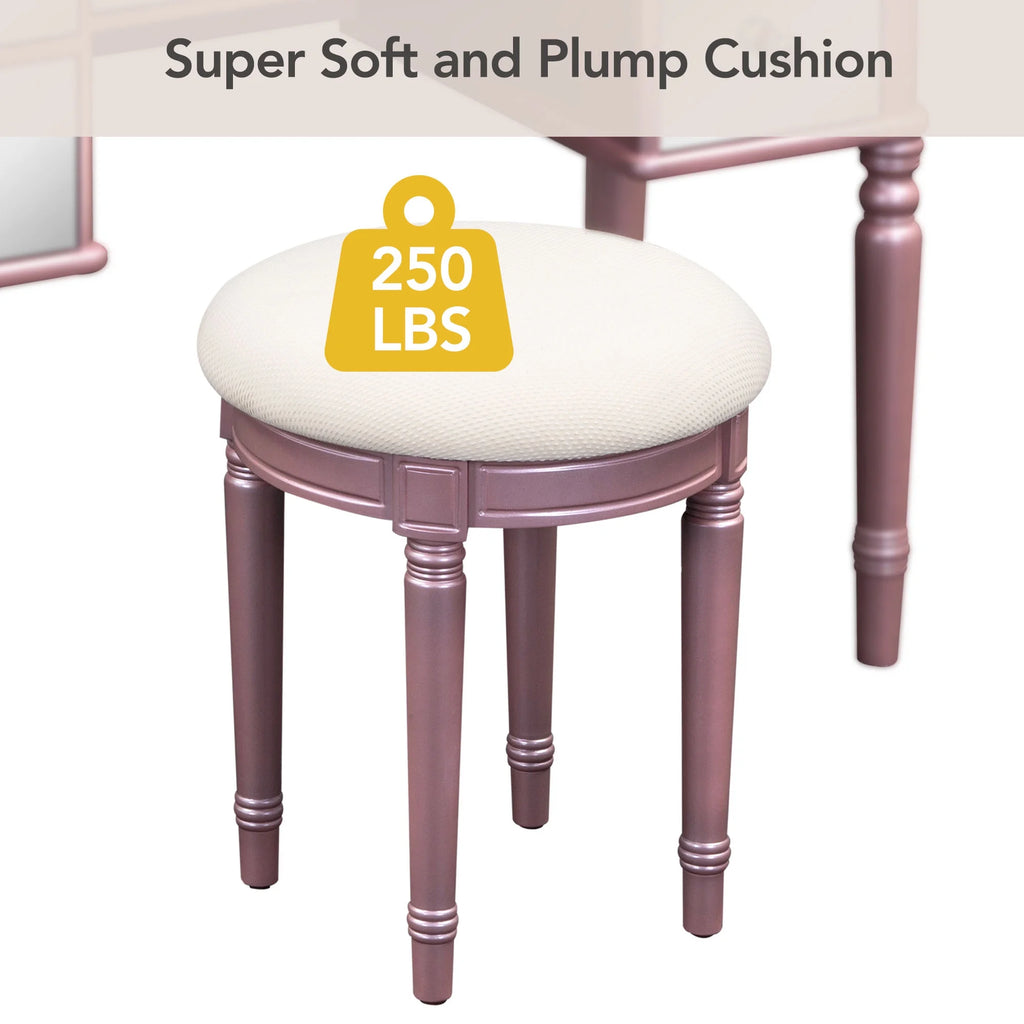 Pink Vanity Set with Tri-Fold Mirror and Stool N1093