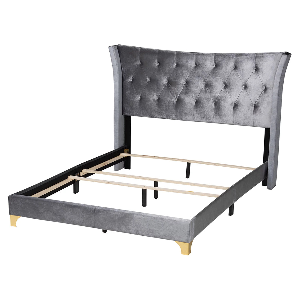 Grey Velvet and Gold Metal Queen Size Panel Bed Z693866