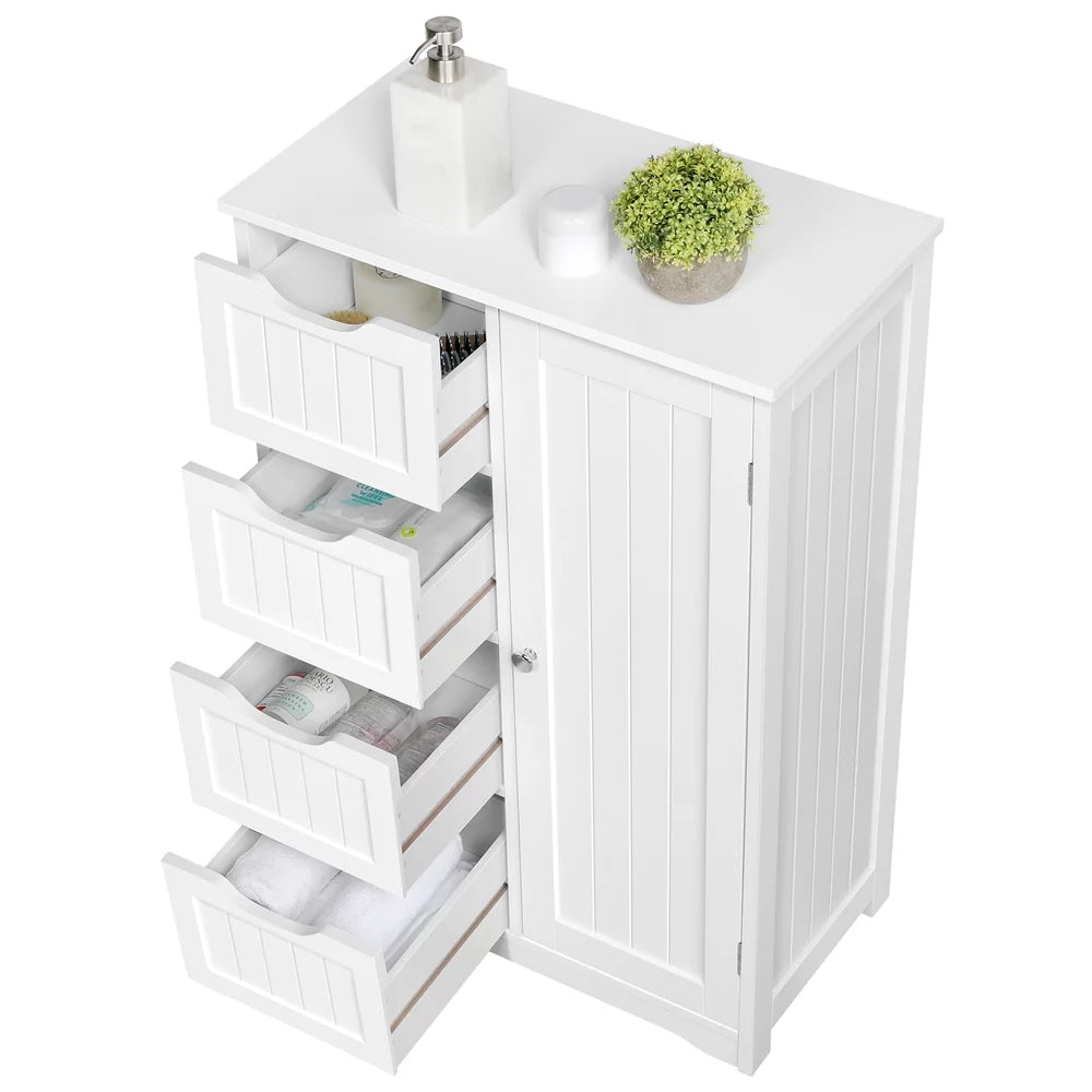 White Wooden Bathroom Floor Cabinet with Drawers and Cupboard J1903
